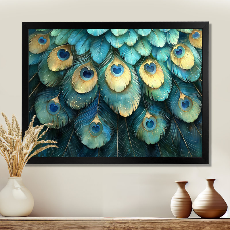 Collage de plumes de paon bleu et vert Grinstead II - oiseau, art mural, H 30 po x l 40 po, Cadre simple