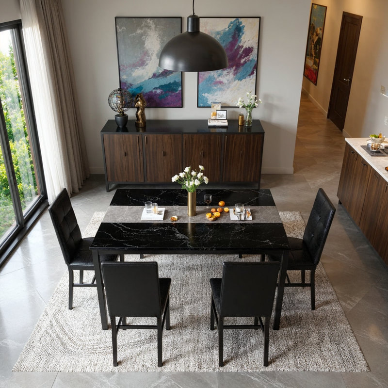 Dining Table Set For 4, 5-Piece Modern Kitchen & Dining Room Table Sets, Faux Marble Kitchen Table With 4 PU Leather Chairs For Small Space, Dinette, Breakfast Nook, Kitchen