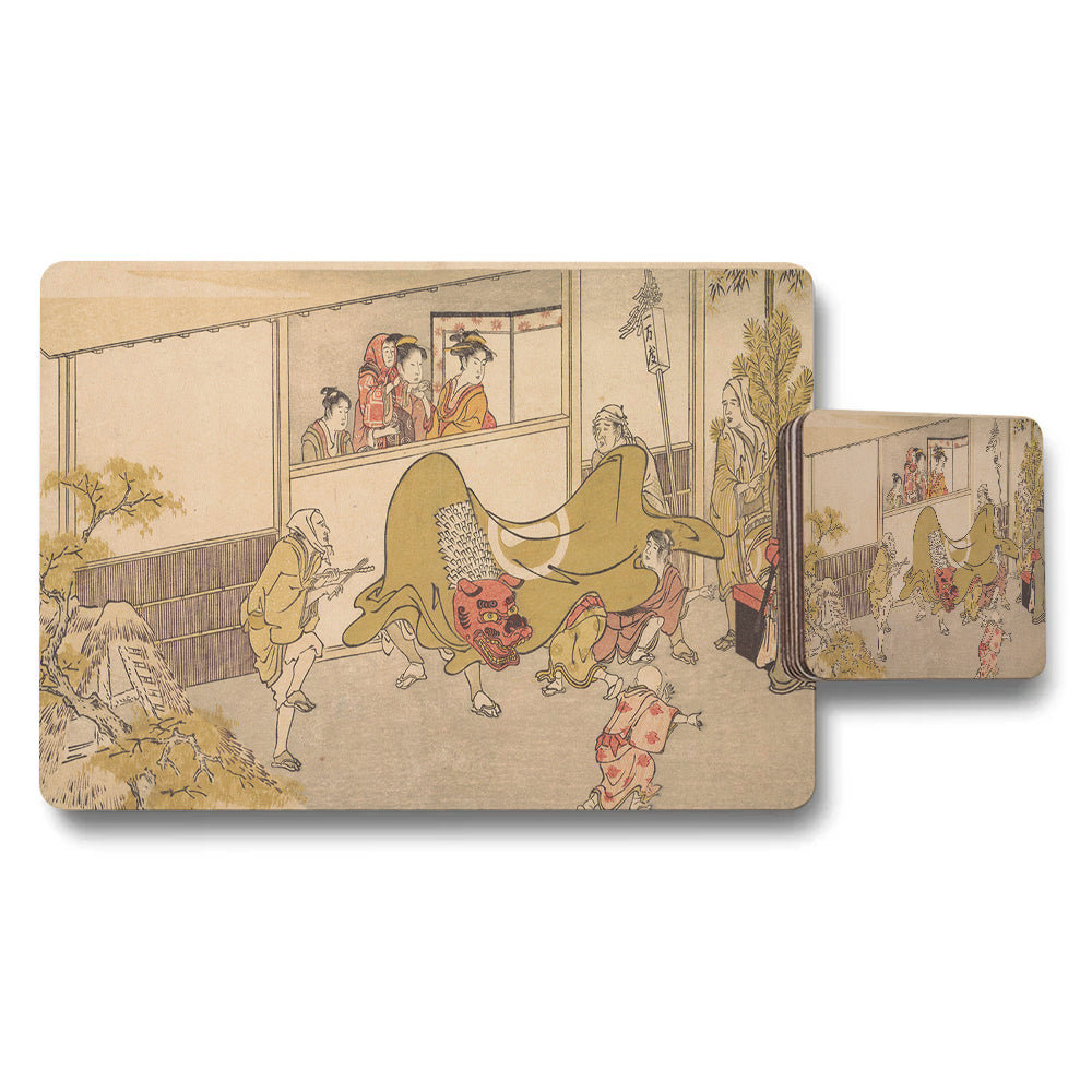 Asian Themed Placemat And Coaster Set With Dragon Dance Artwork