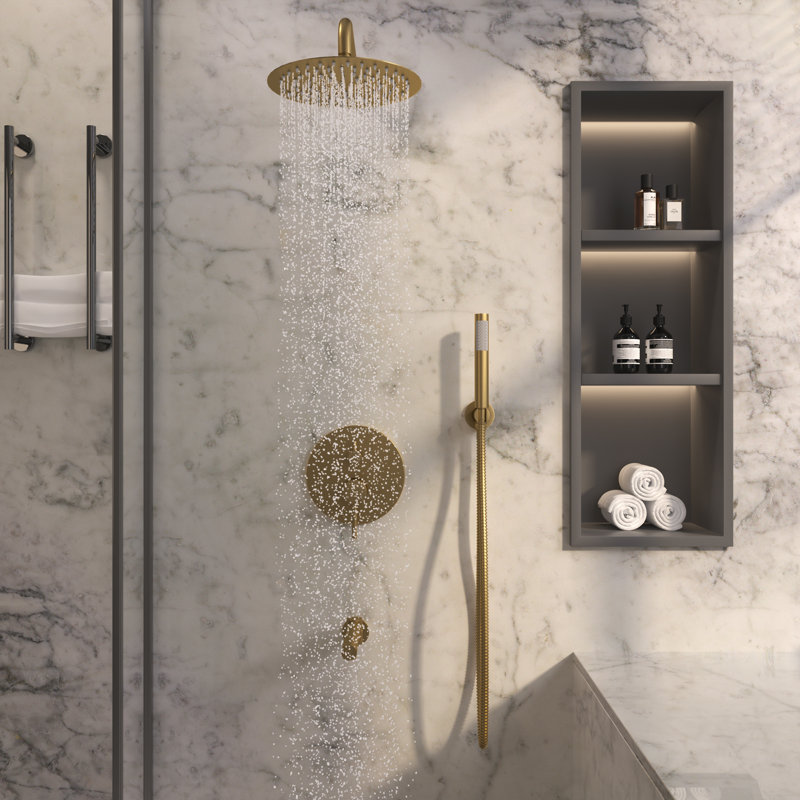 Calder Dual Function Complete Shower System with Rough in-Valve, Brushed Gold
