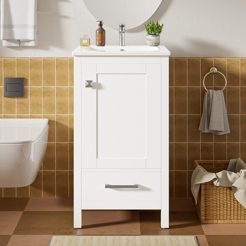 Meuble-lavabo autoportant avec portes à fermeture douce, lavabo simple inclus, Blanc, 18"