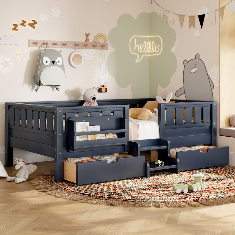 Lit de plancher pour enfants avec tiroirs de rangement et étagères intégrées, Lit simple