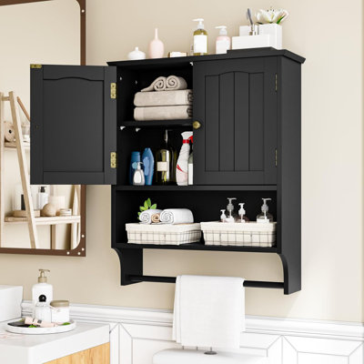  Armoire de salle de bain murale avec 2 portes et tablette réglable, armoire de salle de bain noire avec porte-serviettes, armoire de pharmacie murale, rangement au-dessus de la toilette