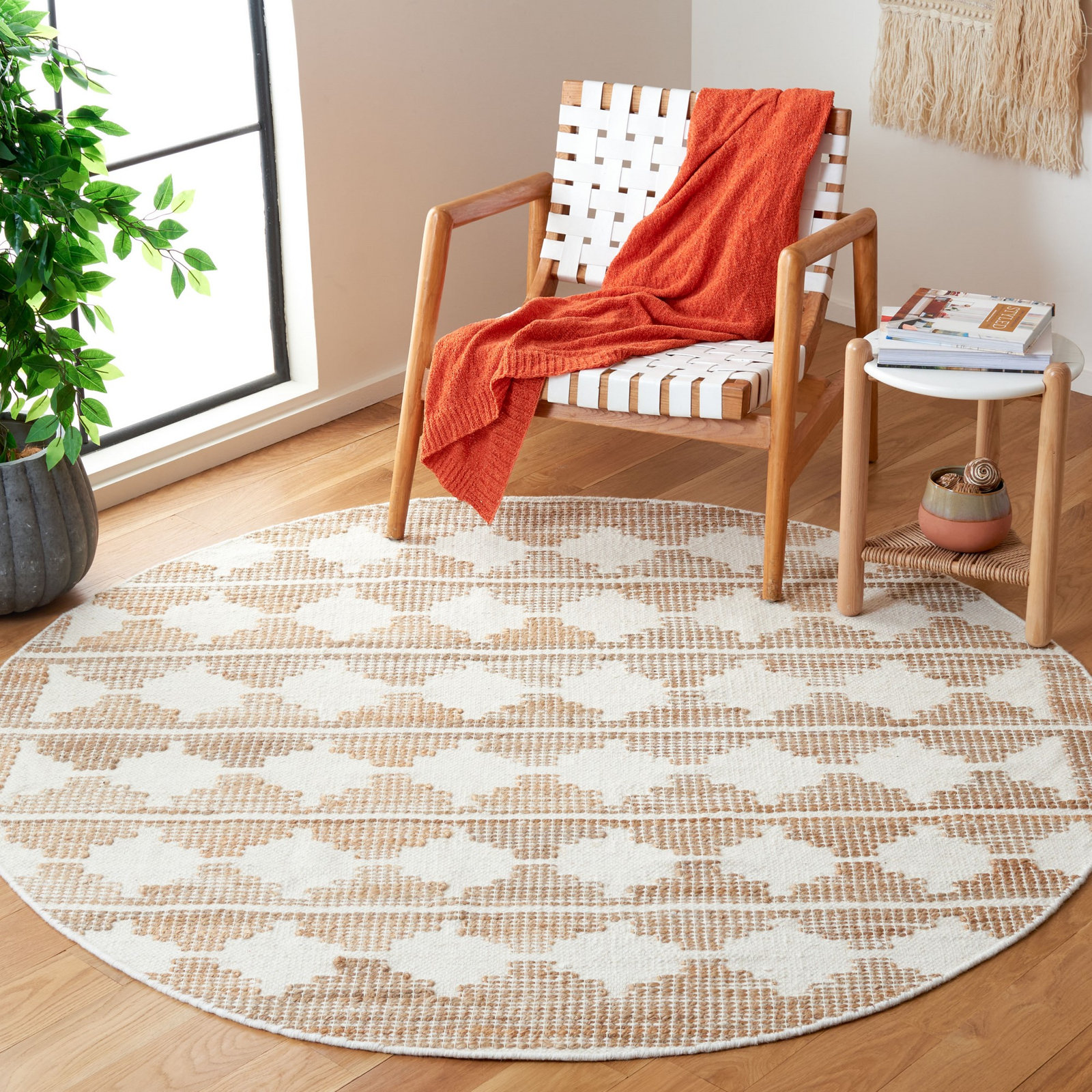 Ivory Natural Hand-Loomed Jute Wool Rug, Round 6'