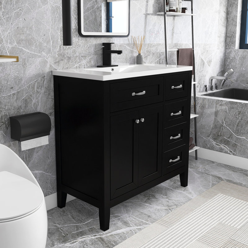 36” Freestanding Single Bathroom Vanity with Top, Black