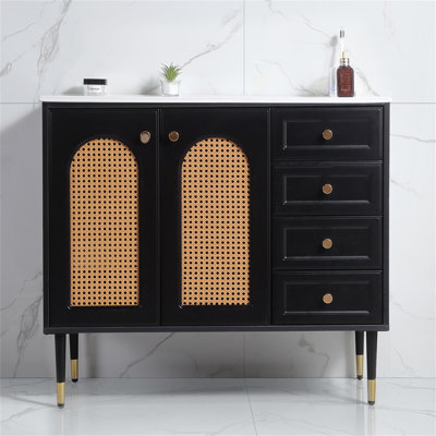 Meuble-lavabo de 36 po avec lavabo en céramique et meuble de rangement en rotin avec deux portes et un tiroir