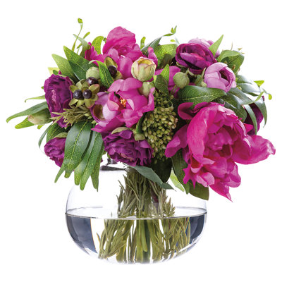Ranunculus/peony/ruscus In Glass Vase Purple Fuchsia