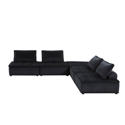 120"W Black Velvet 5 Pc Sectional Sofa
