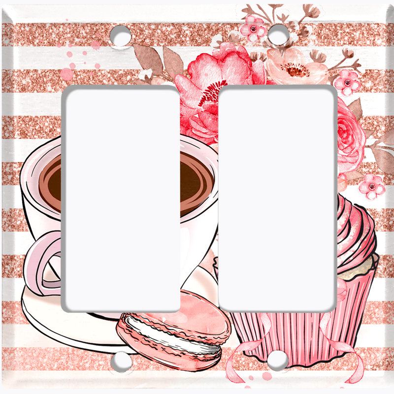 Metal Light Switch Plate Outlet Cover (Coffee Espresso Mocha Cupcake Pink Stripe - Double Rocker)