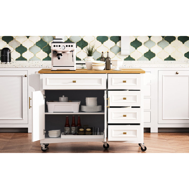 White Mobile Kitchen Island With Drop Leaf. Texture, Spice Rack, Towel 2 Doors, 5 Drawers, Adjustable Shelf For Chic Modern Luxury Coastal Wheels Ornament, Elegant