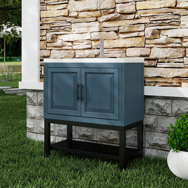  Meuble-lavabo autoportant avec rangement et tablette ouverte 32 po, bleu, Bleu