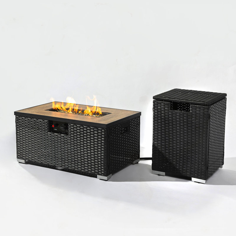 Rattan Fire Pit Table with Propane Tank Holder, Fire Table with Ceramic Tile Table Top, Dark Gray