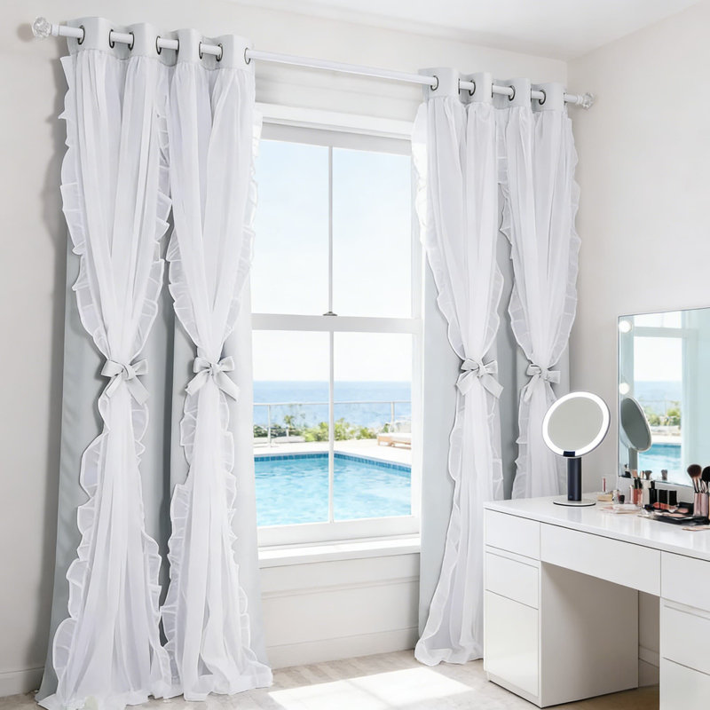 Shabby Chic Double Layer Blackout Curtains With Ruffled Sheer Overlay And Tiebacks, French Country Style Drapes For Bedroom And Living Room Decor