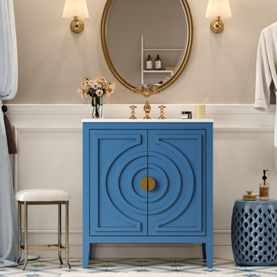 Rangement de salle de bain, armoire Mid-Century de 30 po avec lavabo, portes à fermeture douce, tiroir divisé, organisateur de porte, tablette réglable, poignées rondes rétro, finition bleue rétro, meuble-lavabo de 30 po
