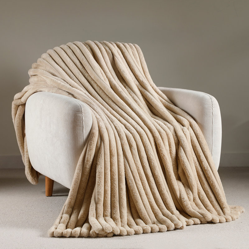 Striped Faux Fur Throw Blanket, Cozy Fuzzy Soft Style for Sofa & Bed, 70" L x 55" W, Beige