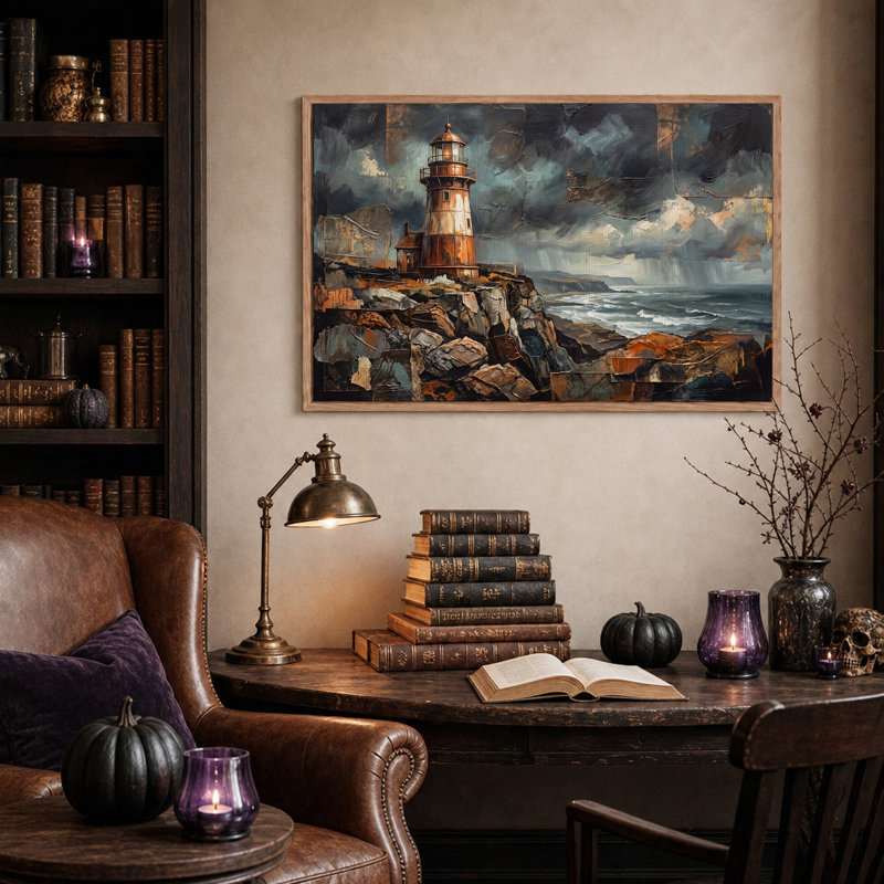Tableau sur toile texturé représentant un phare rouillé sur une falaise rocheuse, idéal pour l'Halloween, H 32 po x l 48 po