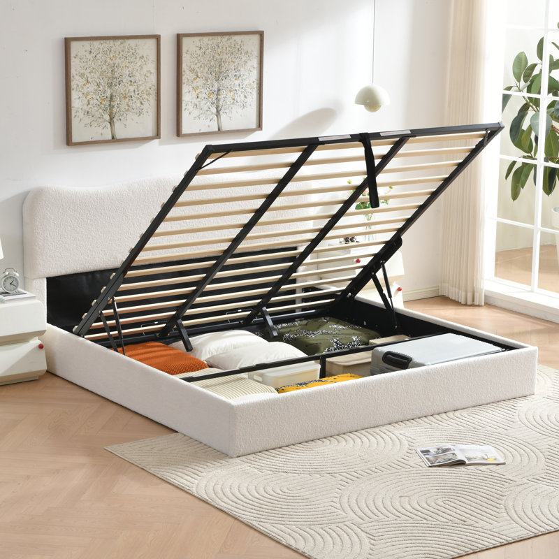 Lit plateforme tapissier Bensu Boucle, Très grand, Blanc