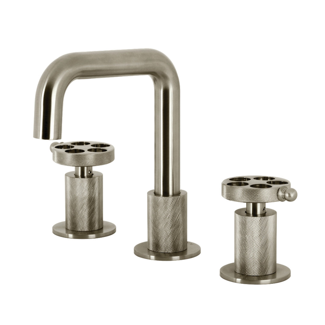 Kingston Brass Wendell Two-Handle 3-Hole Deck Mount Widespread Bathroom Faucet with Knurled Handle and Push Pop-Up Drain Kingston Brass