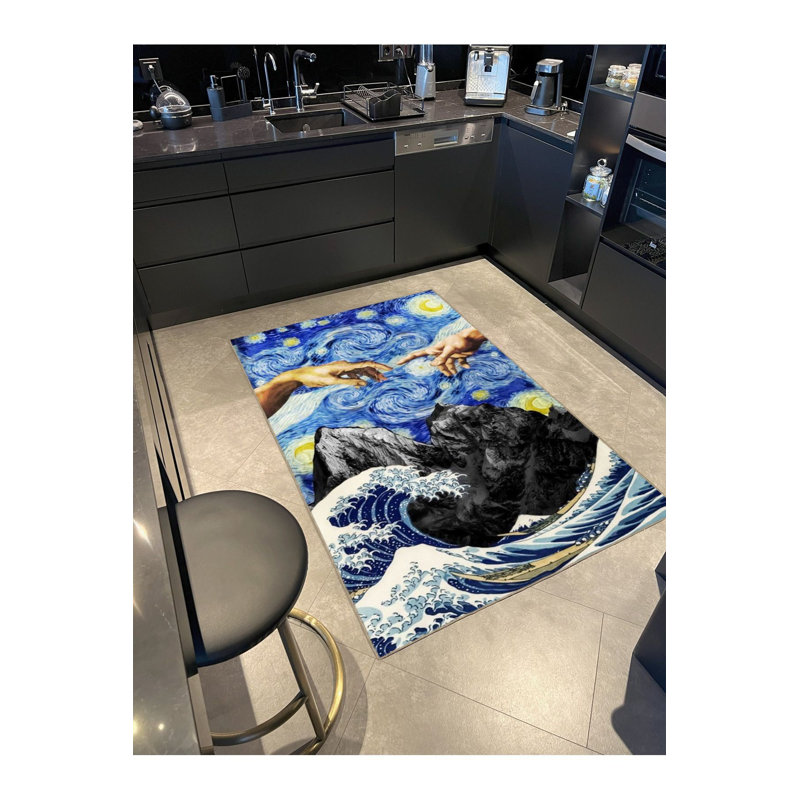 Tapis bleu délavé à motif main et montagne, Rectangle 3 pi 11 po x 5 pi 11 po