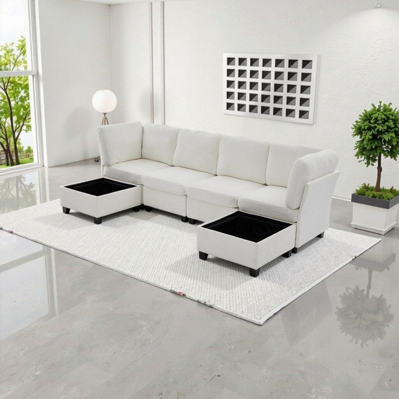 Canapé-lit modulaire 6 pièces avec rangement, canapé-lit convertible avec méridienne, Beige