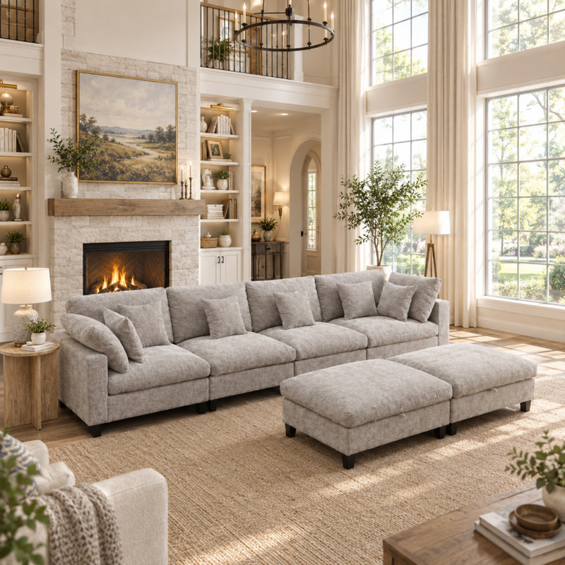 Canapé d'angle modulaire moderne en forme de U avec revêtement en chenille moelleuse et deux poufs polyvalents, Grey Chenille