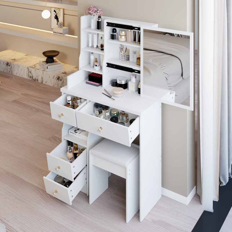 Petite coiffeuse 29,2 po avec tiroir de gauche, tabouret rembourré, miroir coulissant et rangement grande capacité pour les petits espaces | Idée cadeau