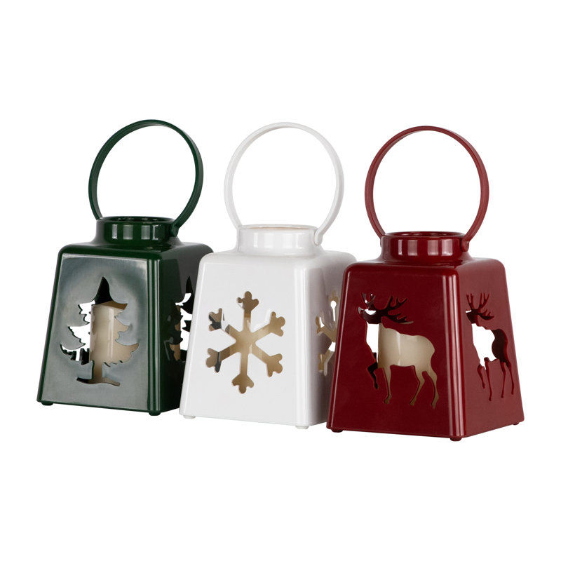 LED Lighted Tree Snowflake And Reindeer Christmas Candle Lanterns - 8" - Set Of 3