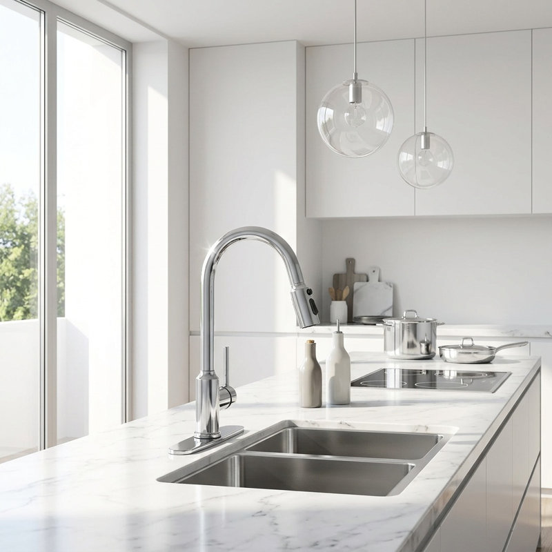 Modern High Arc Single Handle Pull-down Sprayer Kitchen Faucet With Deckplate And Supply Lines In Polished Chrome