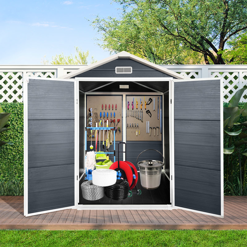Rangement extérieur en plastique avec plancher, porte verrouillable, fenêtres et évents, gris, gris stable et léger, idéal pour le rangement de patio,