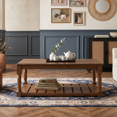 Rustic Wood Rectangular Coffee Table with Open Storage Shelf and Turned Legs for Living Room
