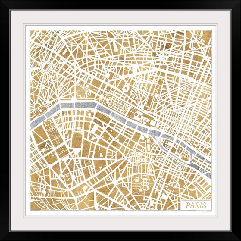 «Gilded Paris Map» par Laura Marshall, impression d'art graphique Kerlynn, H 28 x l 28 po x P 1 po, Cadre noir