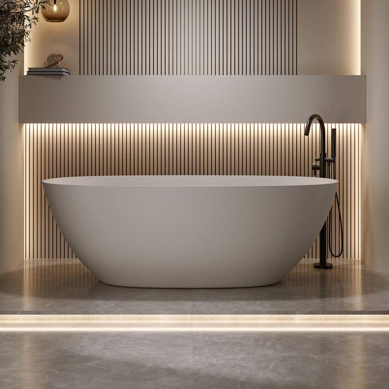 Baignoire de trempage autoportante 69 po, résine de pierre à surface solide, moderne avec trop-plein et bonde escamotable