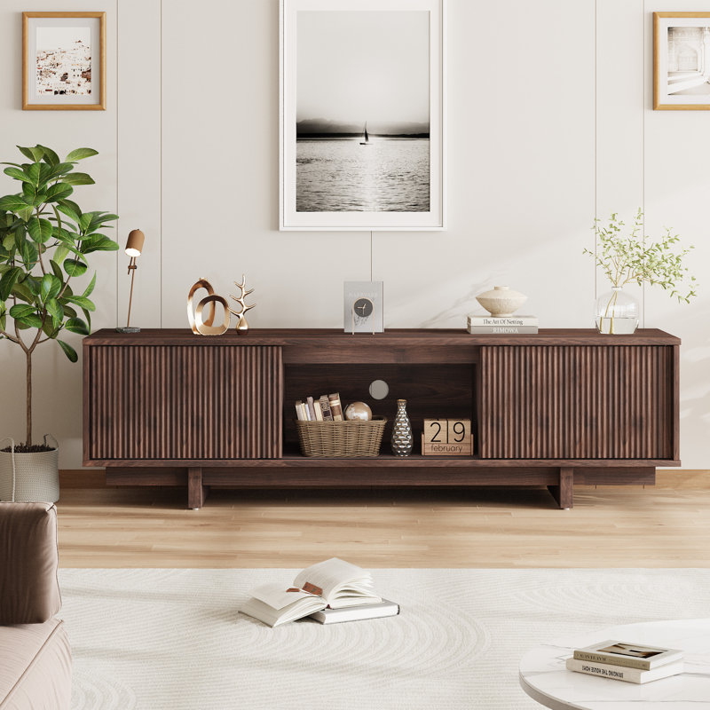 55 Inch Farmhouse Media Console, Mid Century TV Stand with Wave Pattern Door, Storage Entertainment Center for Living Room, Walnut