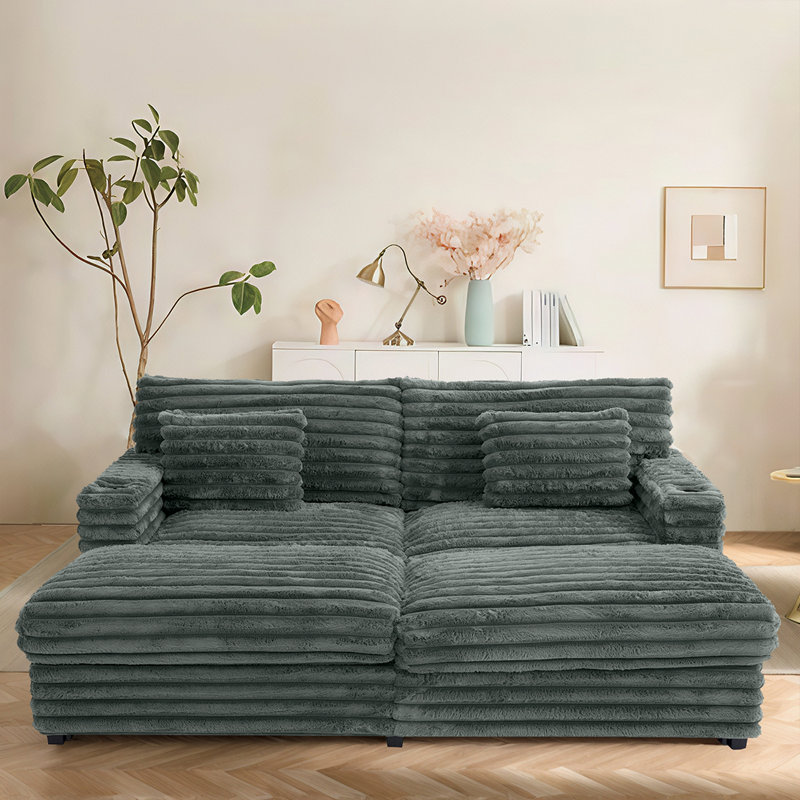 83.5" Plush Sofa Bed Chaise Lounge With Faux Rabbit Fur, USB Charging Ports, Cup Holders & Lumbar Pillows - Cozy Sleeper Couch