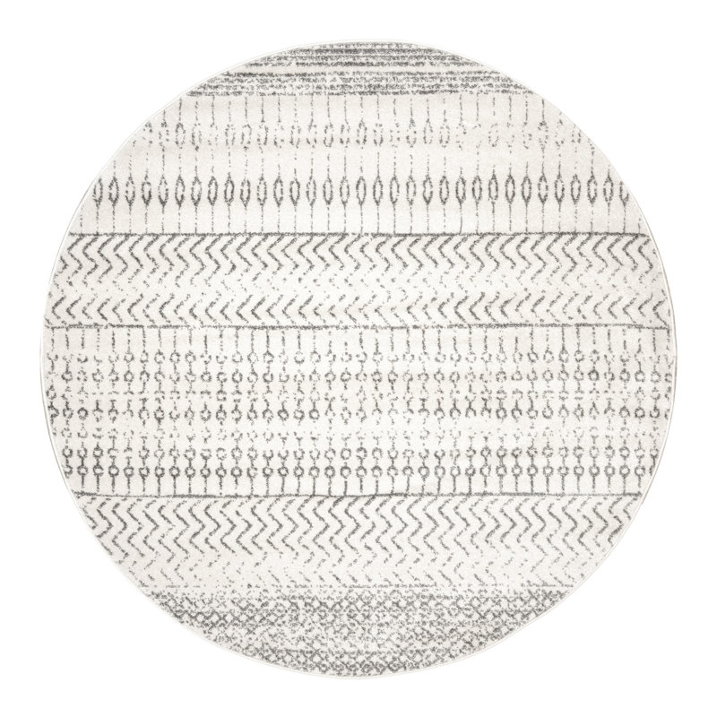 Tapis à motif rayé Jacore pour le salon, la chambre à coucher, la salle à manger et la cuisine, gris / blanc cassé, Rond 5 pi