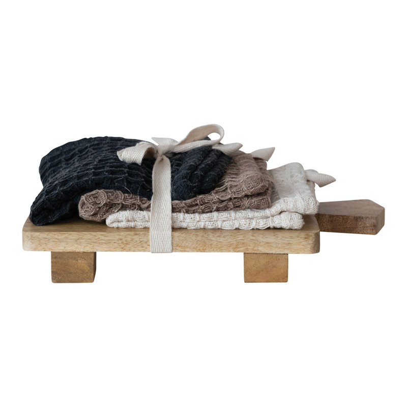 Torchon en coton sur une planche de bois de manguier, Noir / brun / beige