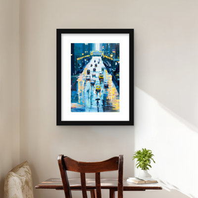 Rainy Streets of New York | Yellow Framed Matted Print Decor