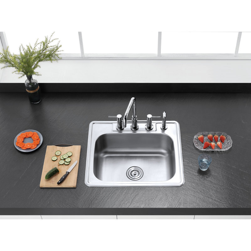 Kingston Brass Studio 25-Inch Stainless Steel Self-Rimming 4-Hole Single Bowl Drop-In Kitchen Sink