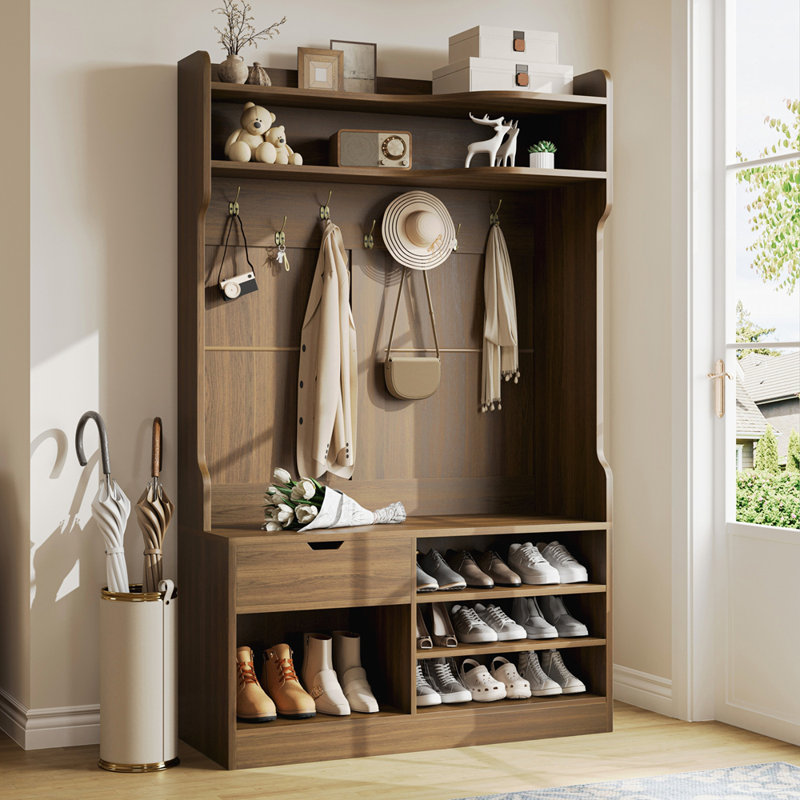 Multi-Functional Hall Tree With Bench, 3-Layer Flip Shoe Cabinet, 7 Coat Hooks, And Drawer For Entryway Organization, Walnut