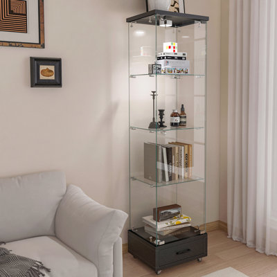 Vitrine moderne en verre trempé à 4 tablettes avec lumières DEL et tiroir - noir