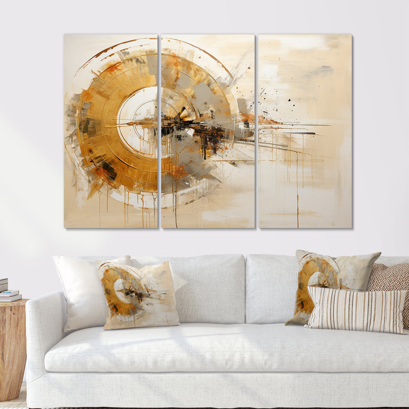 Ensemble de salon beige avec tir à l'arc abstrait Collage I, Toile tendue, H 40 po x l 60 po x P 1 po