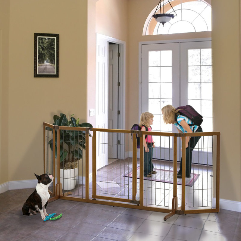 Wide Brown Rubberwood Freestanding Pet Gate with Door