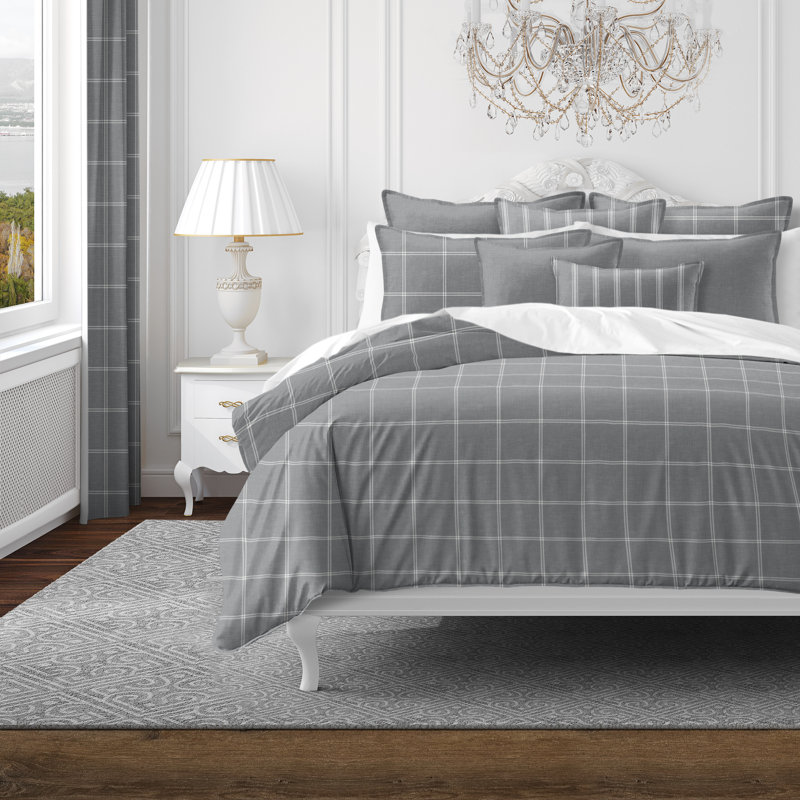 Shay Window Pane Gray Cotton Duvet Cover Set  8 Piece, Twin Duvet Cover + 7 Additional Pieces