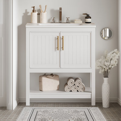 Modern Simple 30" Wide Bathroom Vanity With Ceramic Sink And Storage Cabinet, Open Shelf - Ideas For Small Bathrooms,White