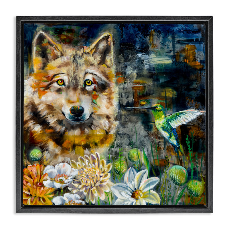 «Beautiful Wolf & Hummingbird Floater», art mural par Linda McClure, H 25 po x l 25 po, Cadre flottant noir de jais