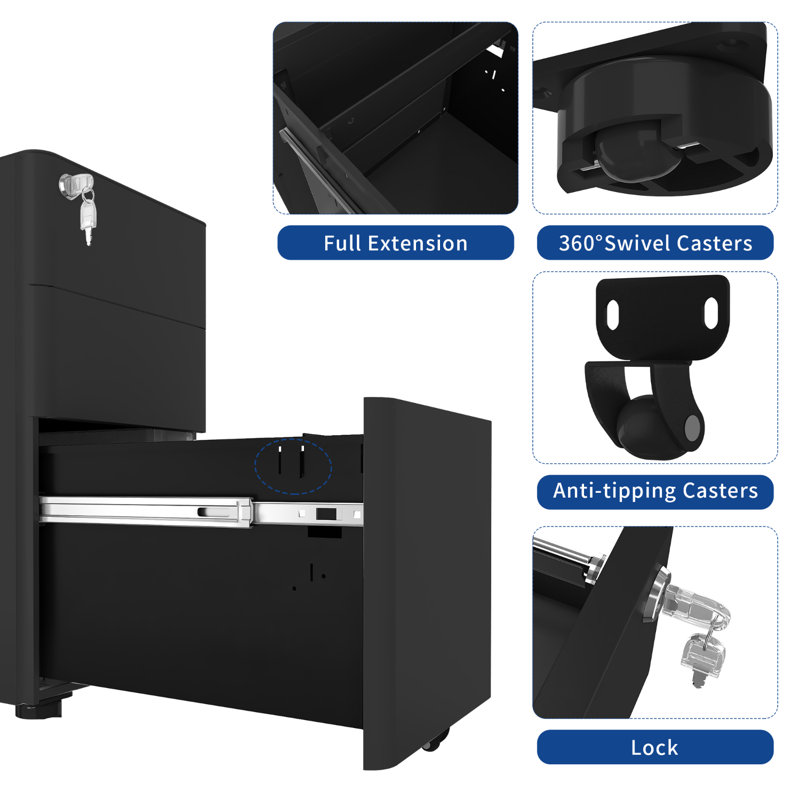 Domeniks 12'' Wide 3 -Drawer Mobile Steel File Cabinet, Black