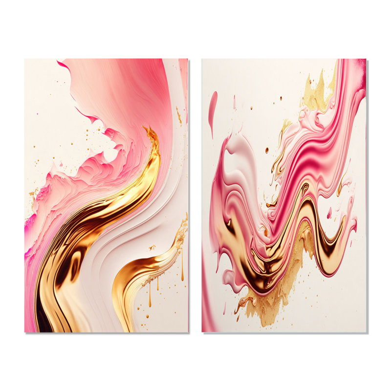 «Bold Pink and Gold Flow III», 2 pièces sur toile, H 32 po x l 32 po, Toile tendue