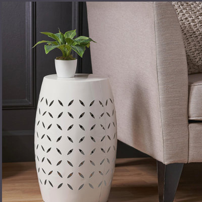 Table d'appoint LILAC de 12 po, table de bout de conception cylindrique pour le salon, la salle familiale ou le vestibule, style industriel, tables d'appoint pour l'intérieur et l'extérieur, couleur blanche