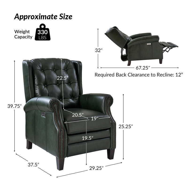 Martina 29.25''W Waxed Leather Power Recliner with Solid Wood Legs(Set of 2), Green