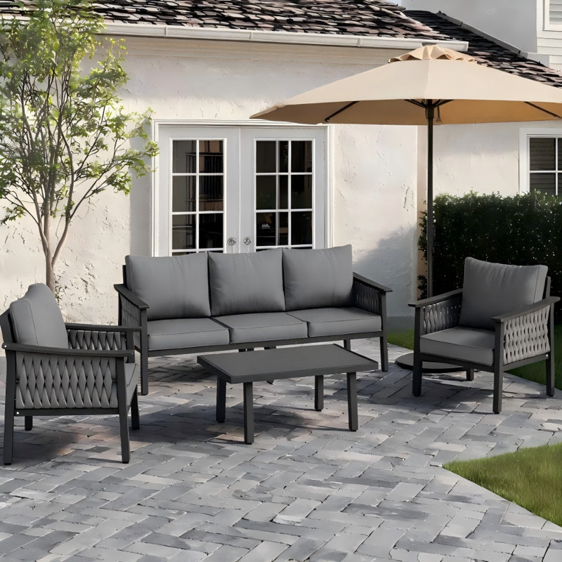 Ensemble de conversation d'extérieur en aluminium 4 pièces avec coussins en oléfine, Gris